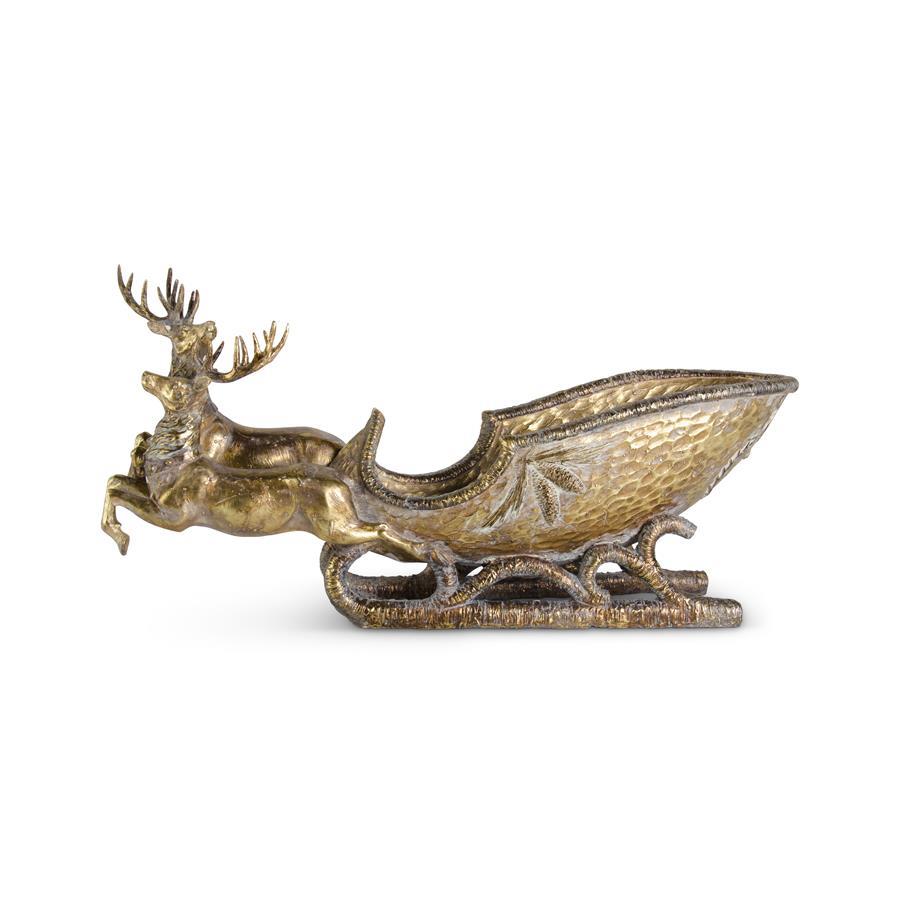 Two Resin Deer Pulling Sleigh w/ Antique Gold Finish